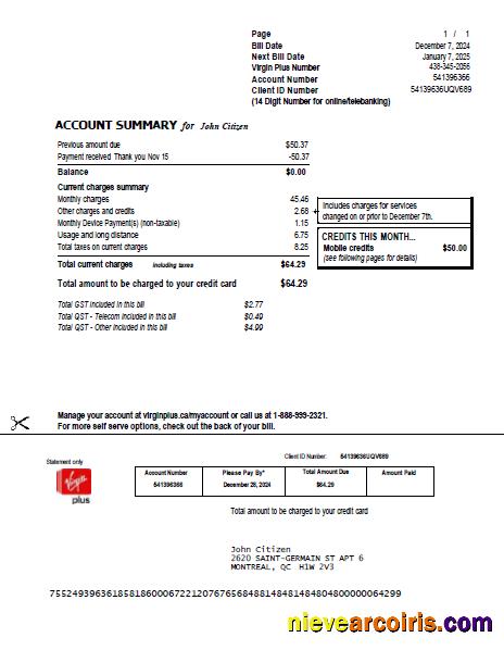 Canada Virgin Plus utility bill